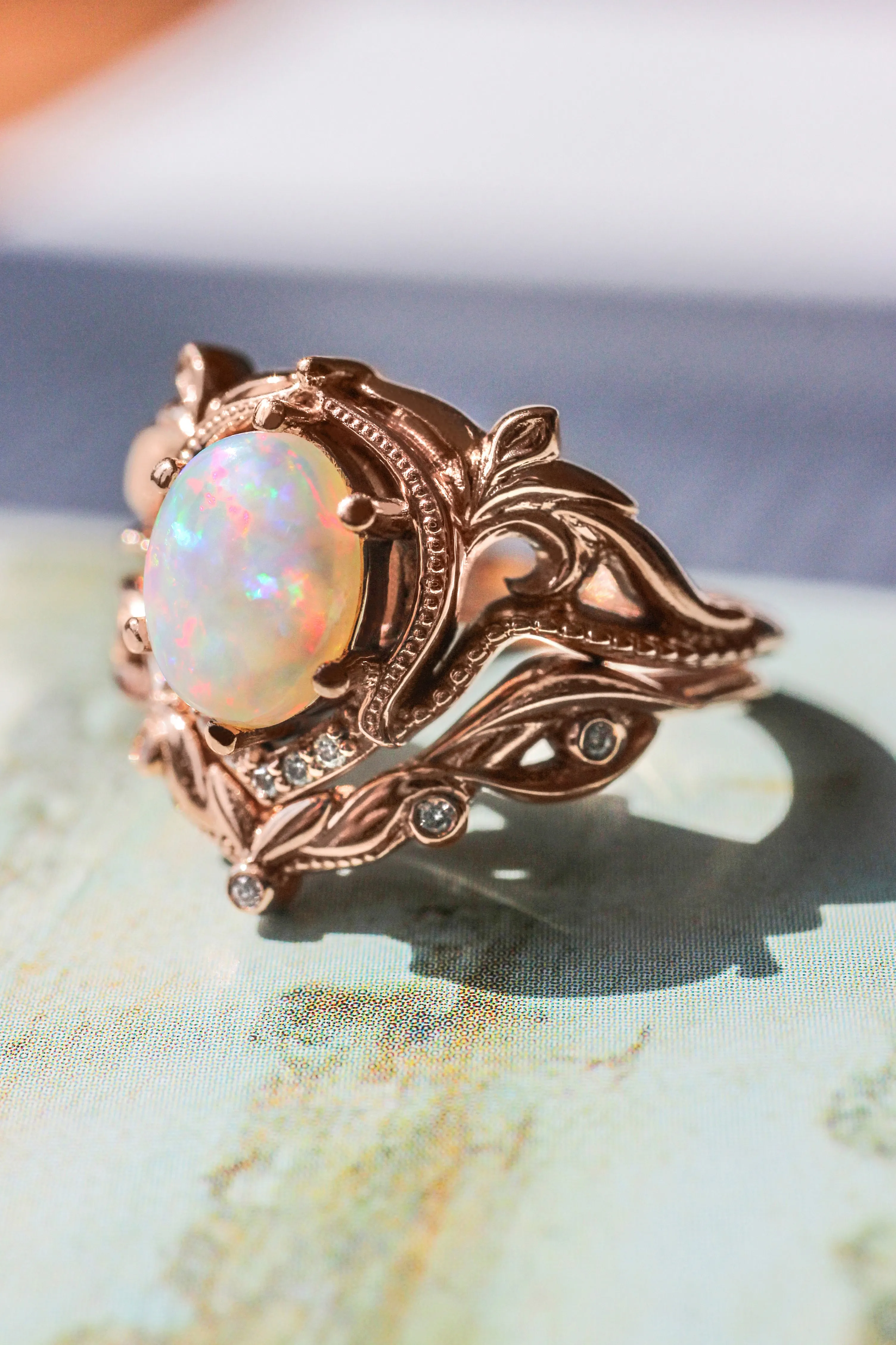 Opal and diamonds bridal ring set / Lida oval