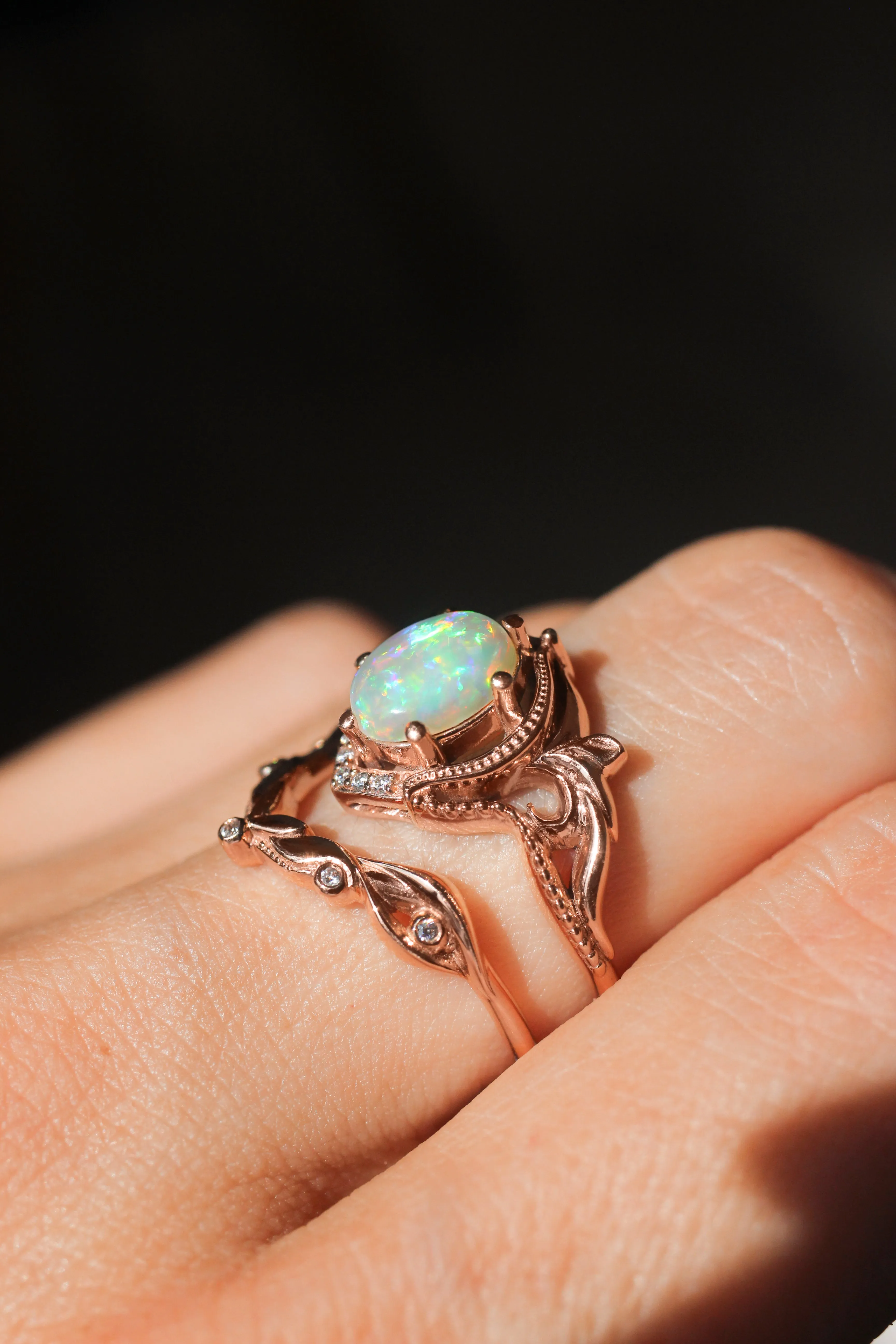 Opal and diamonds bridal ring set / Lida oval