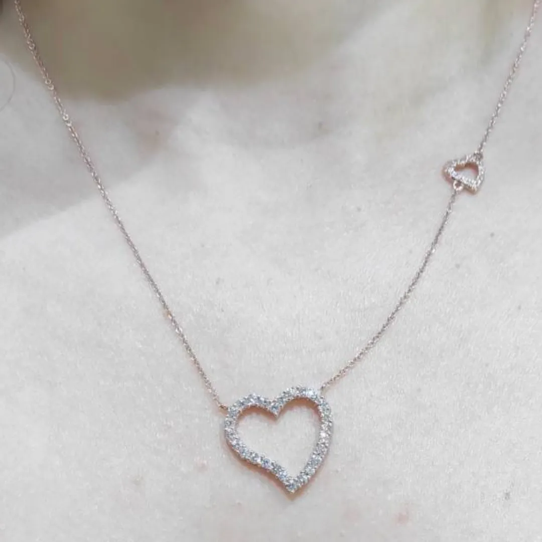 Open Heart Diamond Necklace with small Side Heart