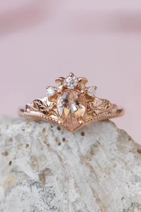 Peach pink morganite engagement ring, rose gold proposal ring with diamond crown / Ariadne