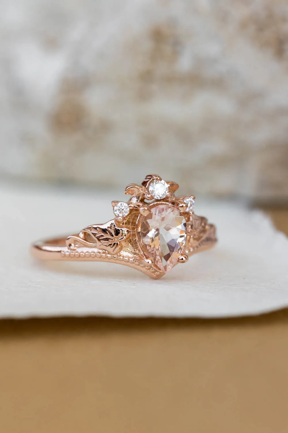 Peach pink morganite engagement ring, rose gold proposal ring with diamond crown / Ariadne