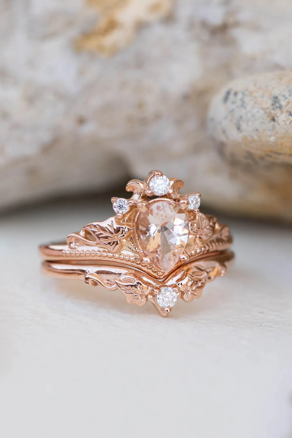 Peach pink morganite engagement ring, rose gold proposal ring with diamond crown / Ariadne