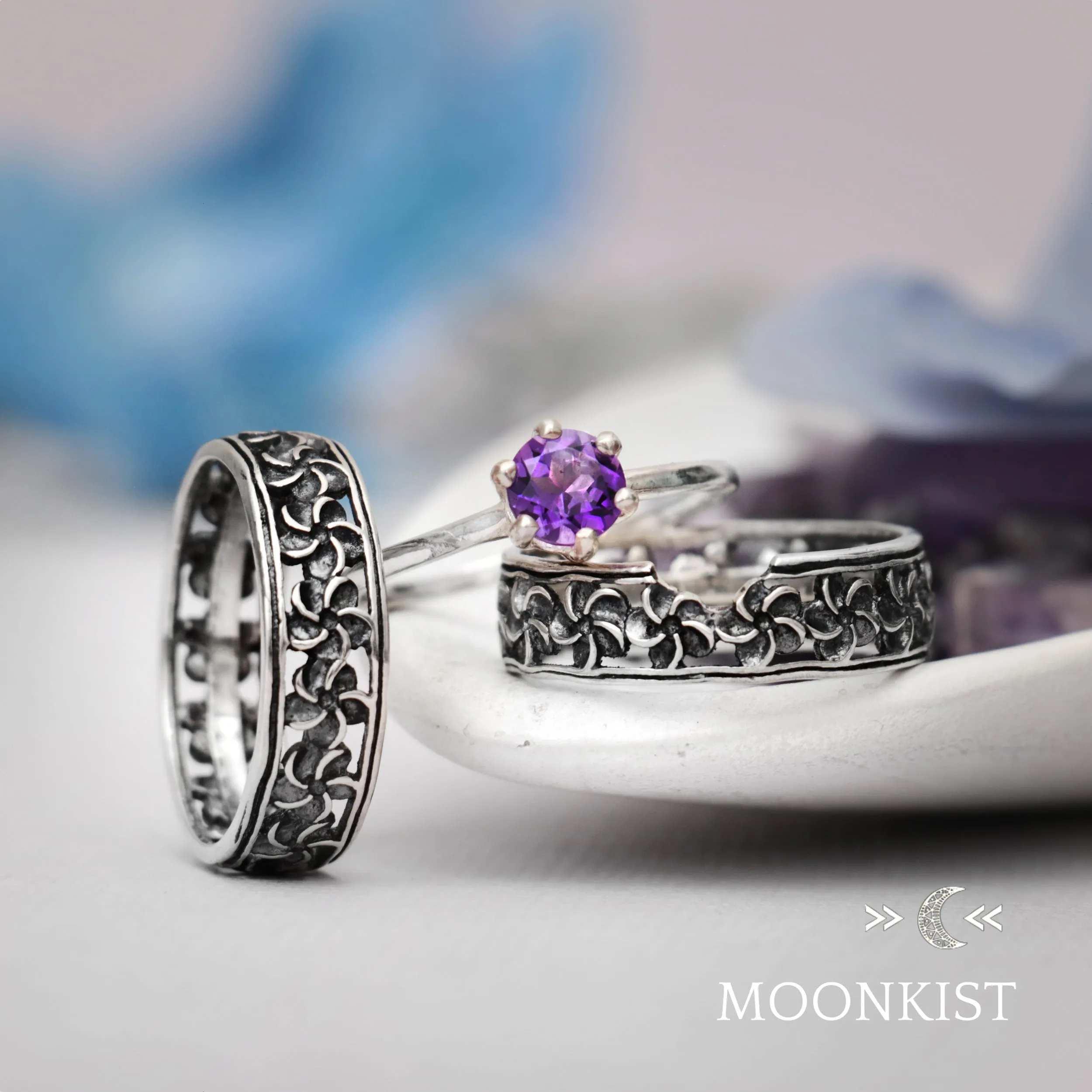 Periwinkle Flower Wedding Ring Set | Moonkist Designs