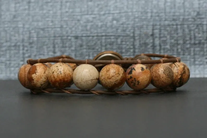 Picture Jasper Wrap Bracelet on Brown/Black Leather