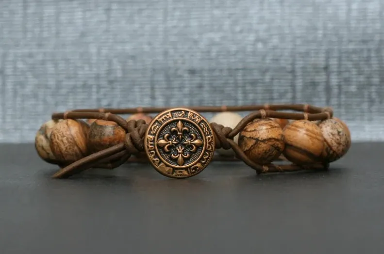 Picture Jasper Wrap Bracelet on Brown/Black Leather