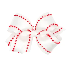 Pom-Pom Edge Grosgrain Overlay Hair Bow on Clippie - White w/Red