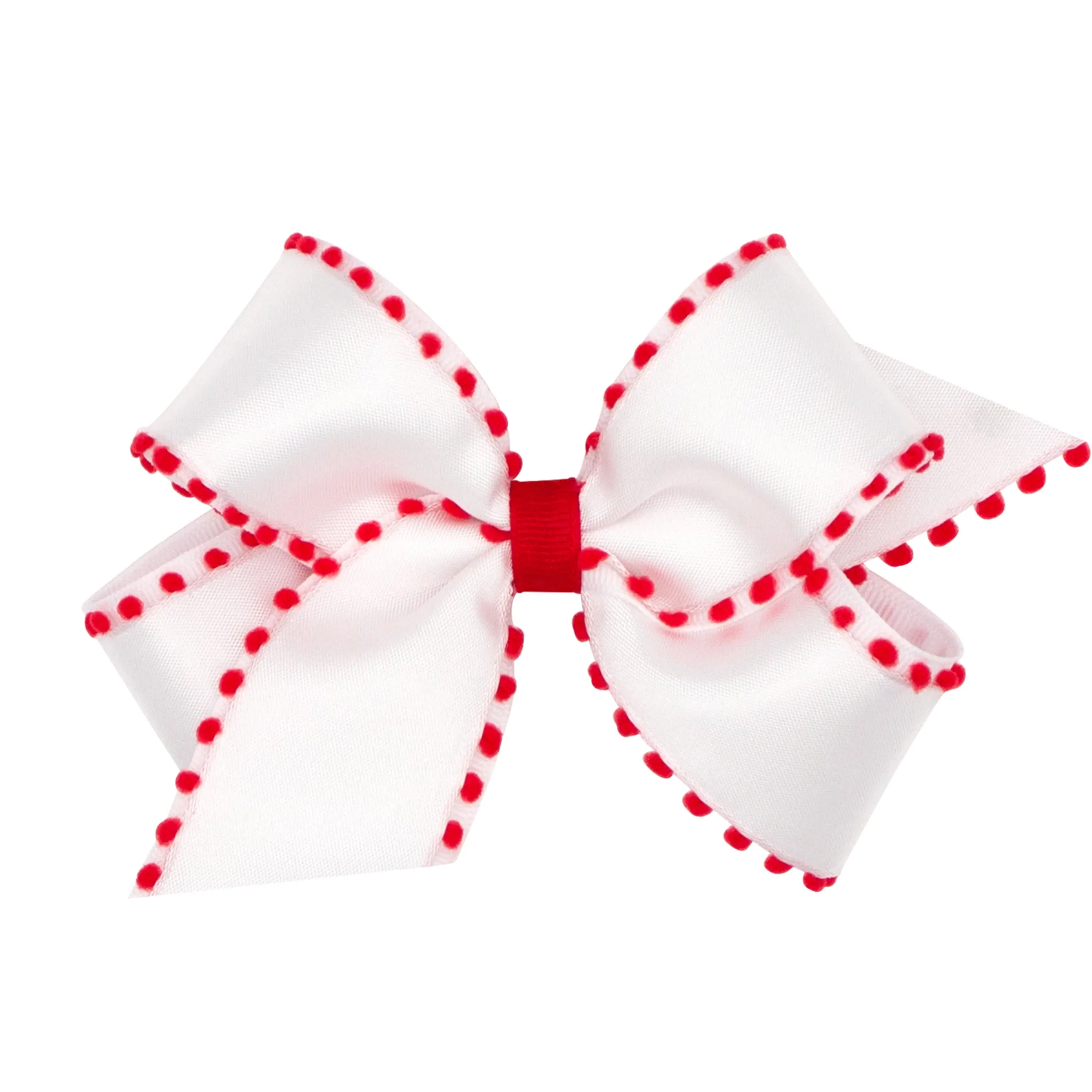 Pom-Pom Edge Grosgrain Overlay Hair Bow on Clippie - White w/Red