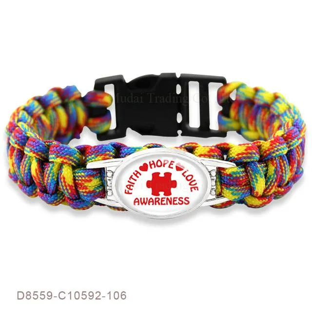 Puzzle Piece Autism Awareness Bracelets Hope Colorful 25*18mm Glass Cabochon Survival Paracord Charm Bracelets Men Women Jewelry