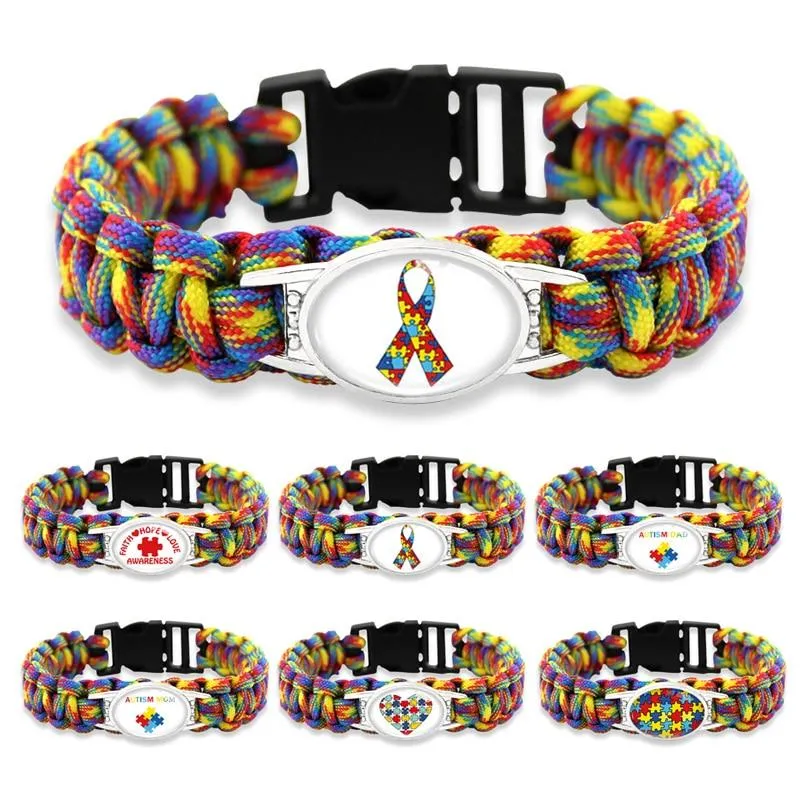 Puzzle Piece Autism Awareness Bracelets Hope Colorful 25*18mm Glass Cabochon Survival Paracord Charm Bracelets Men Women Jewelry