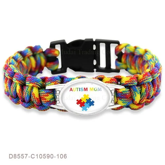 Puzzle Piece Autism Awareness Bracelets Hope Colorful 25*18mm Glass Cabochon Survival Paracord Charm Bracelets Men Women Jewelry