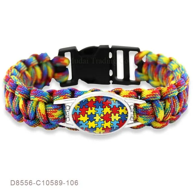 Puzzle Piece Autism Awareness Bracelets Hope Colorful 25*18mm Glass Cabochon Survival Paracord Charm Bracelets Men Women Jewelry