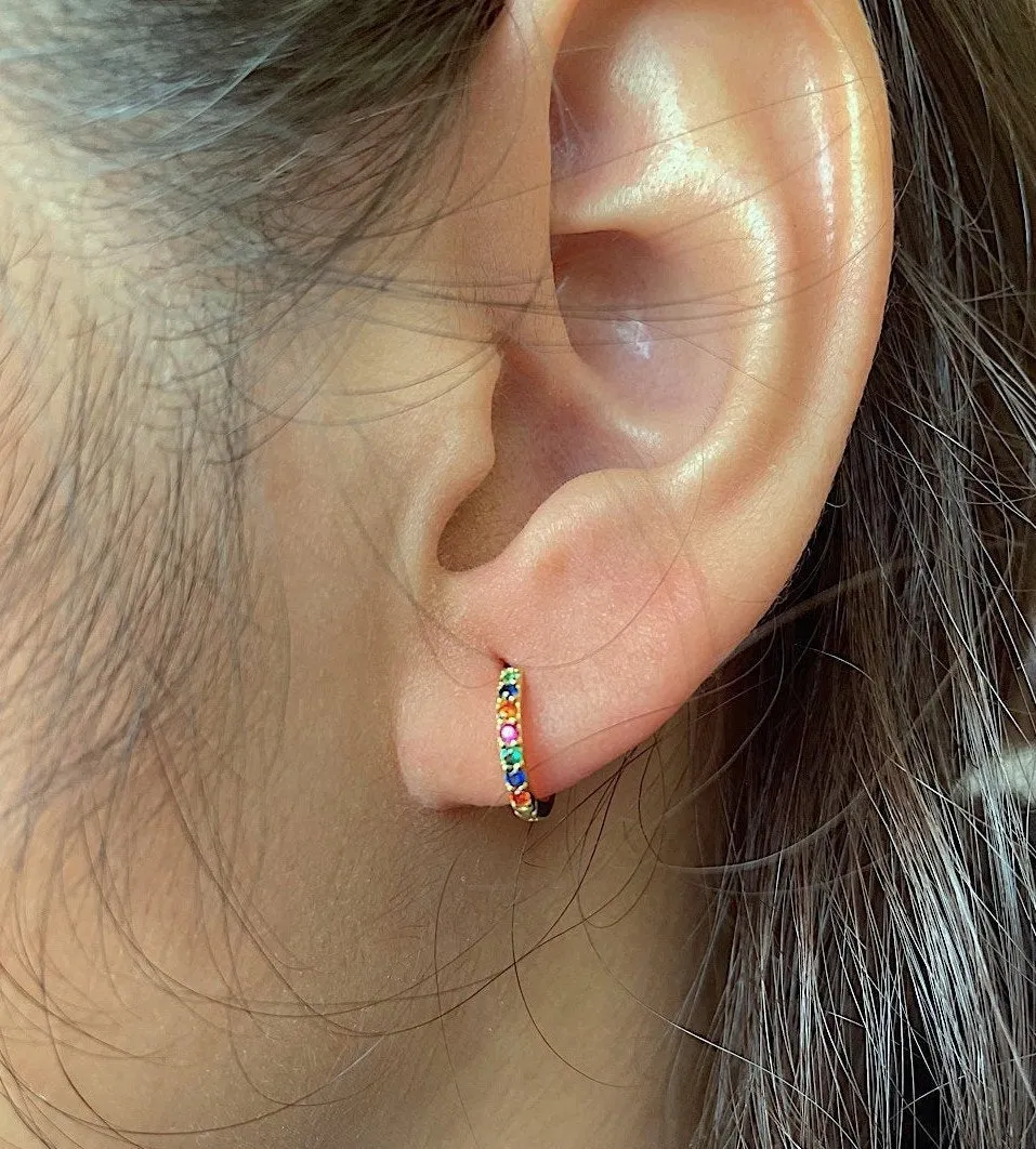 Rainbow Huggie Earrings Gold Sterling Silver Huggie Hoop Earrings Minimalist Dainty Earrings LGBTQ Multi color Cubic Zirconia Pave Hoops