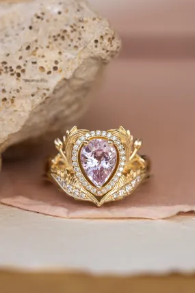 READY TO SHIP: Adonis halo ring in 18K yellow gold, natural pink sapphire pear cut 8x6 mm, accents natural diamonds, AVAILABLE RING SIZES: 4.5-6.5US