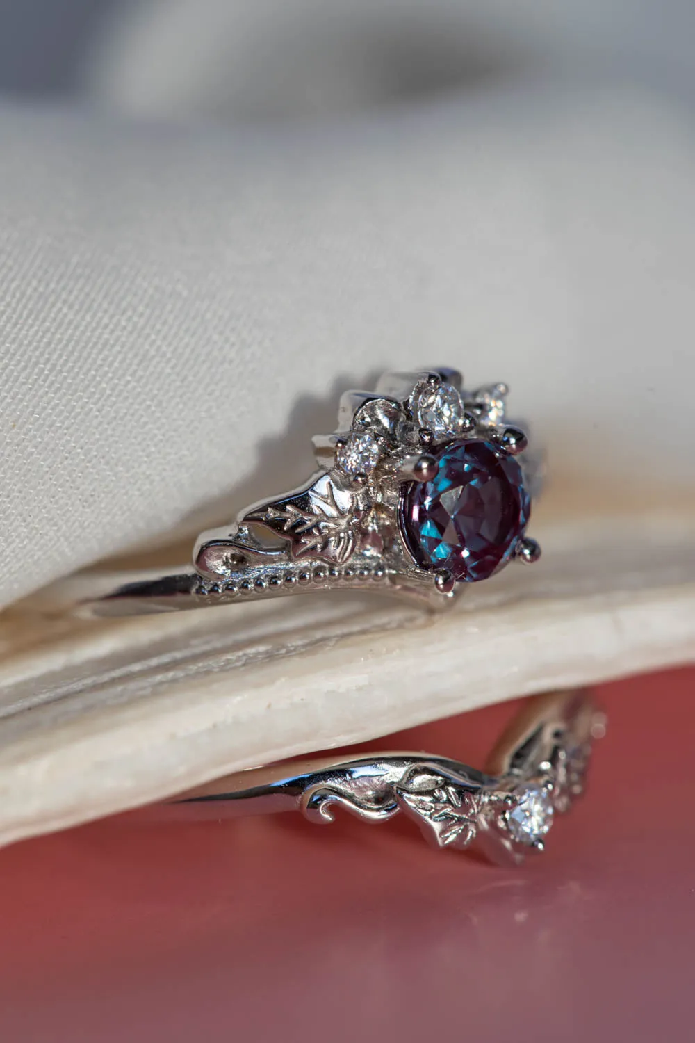 READY TO SHIP: Ariadne set in 14K white gold, lab alexandrite round cut 5 mm, moissanites, AVAILABLE RING SIZES: 9-11 US