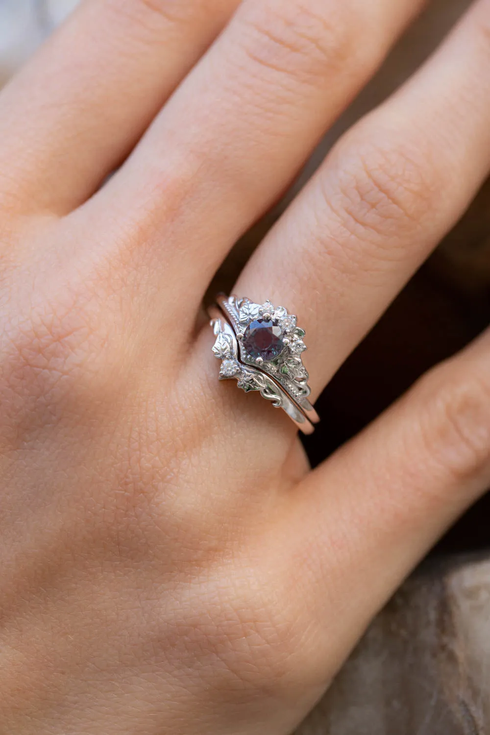 READY TO SHIP: Ariadne set in 14K white gold, lab alexandrite round cut 5 mm, moissanites, AVAILABLE RING SIZES: 9-11 US