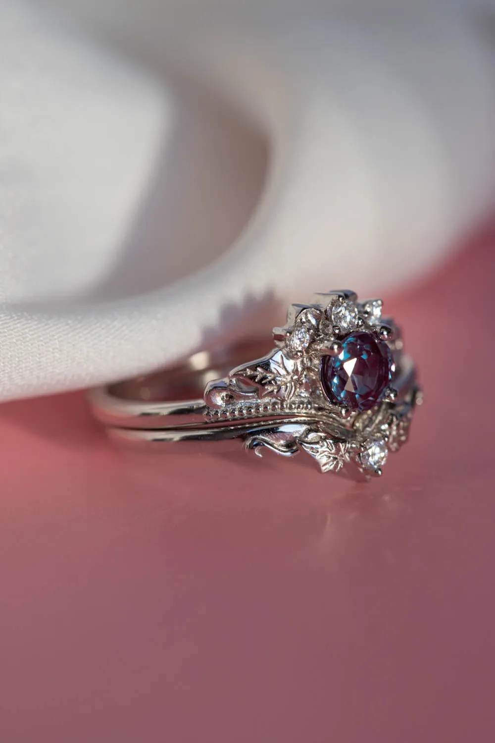 READY TO SHIP: Ariadne set in 14K white gold, lab alexandrite round cut 5 mm, moissanites, AVAILABLE RING SIZES: 9-11 US