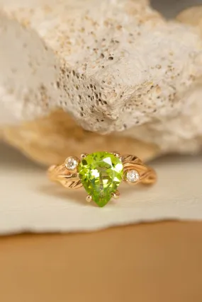 READY TO SHIP: Arius ring in 14K yellow gold, pear peridot 10x7 mm, diamonds, AVAILABLE RING SIZES: 6-8 US