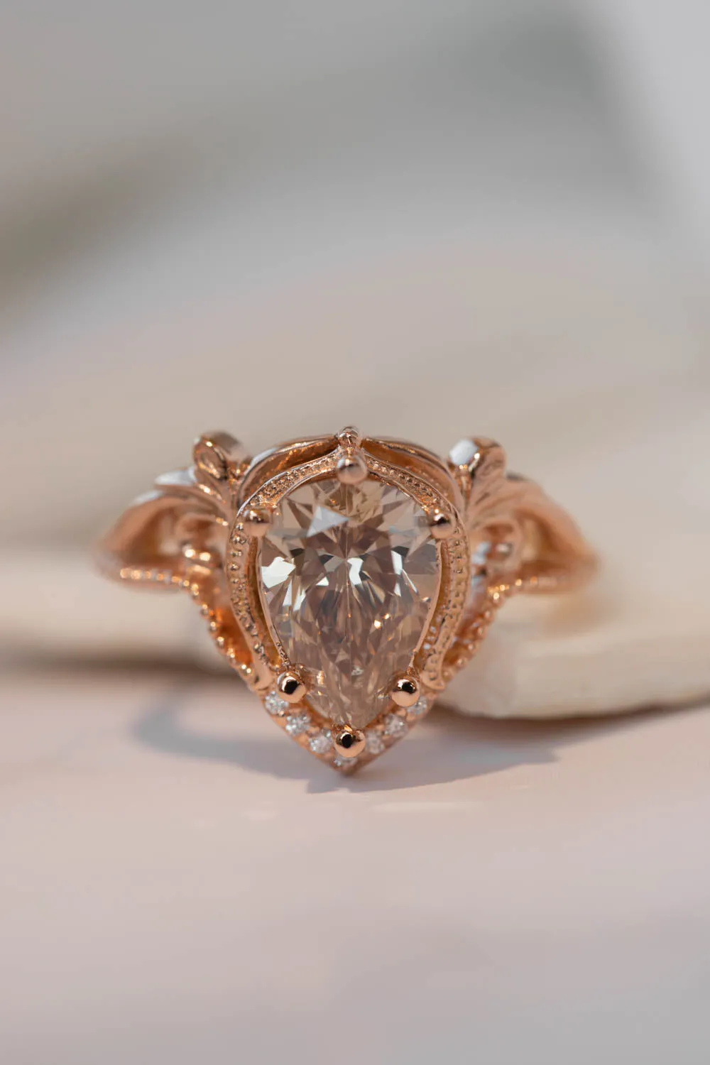 READY TO SHIP: Lida ring in 14K rose gold, champagne colour natural diamond, pear cut 10x7 mm, accent moissanites, AVAILABLE RING SIZES: 5.5-7.5US