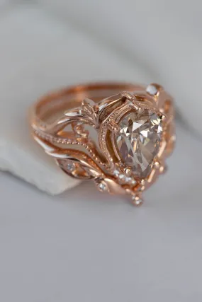 READY TO SHIP: Lida ring set in 14K rose gold, champagne colour natural diamond, pear cut 10x7 mm, accent moissanites, AVAILABLE RING SIZES: 5.5-7.5US