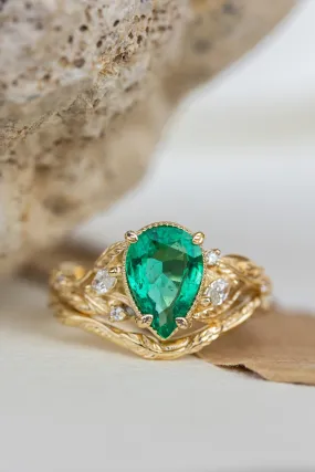 READY TO SHIP: Patricia ring set in 14K yellow gold, natural emerald pear cut 10x7 mm, accent natural diamonds, AVAILABLE RING SIZES: 6-8US