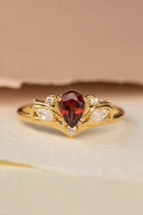 READY TO SHIP: Swanlake ring in 18K yellow gold, natural garnet pear 7x5 mm, natural diamonds, AVAILABLE RING SIZES: 8.5-10.5US