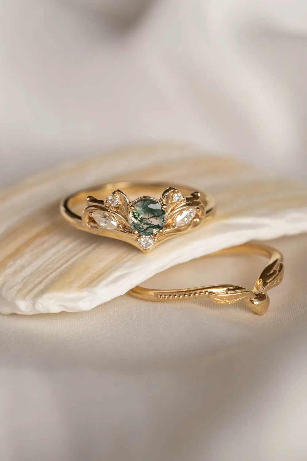 READY TO SHIP: Swanlake set in 14K yellow gold, natural round cut moss agate 5 mm, moissanites, RING SIZE 9 US