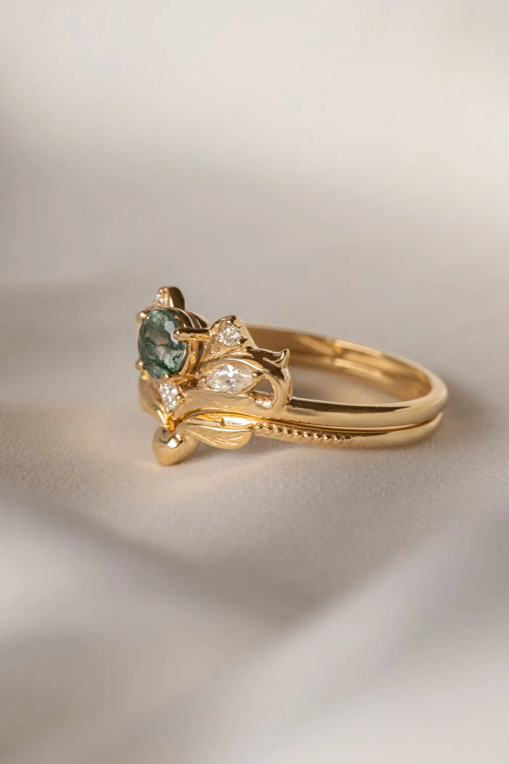 READY TO SHIP: Swanlake set in 14K yellow gold, natural round cut moss agate 5 mm, moissanites, RING SIZE 9 US