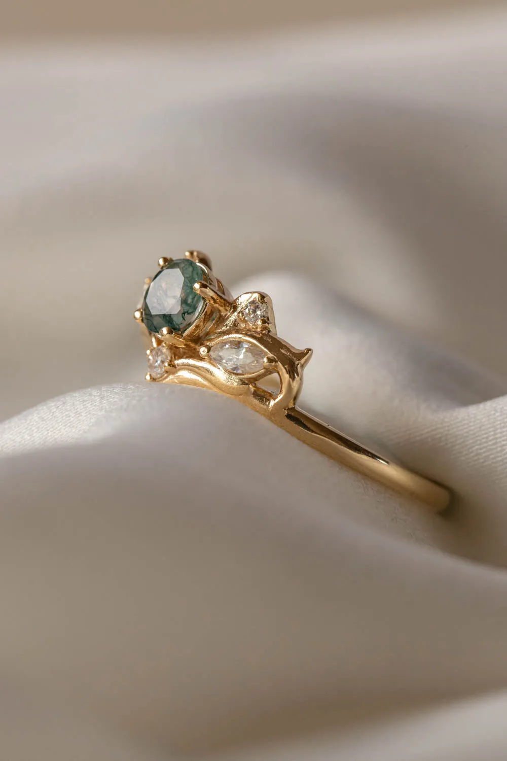 READY TO SHIP: Swanlake set in 14K yellow gold, natural round cut moss agate 5 mm, moissanites, RING SIZE 9 US