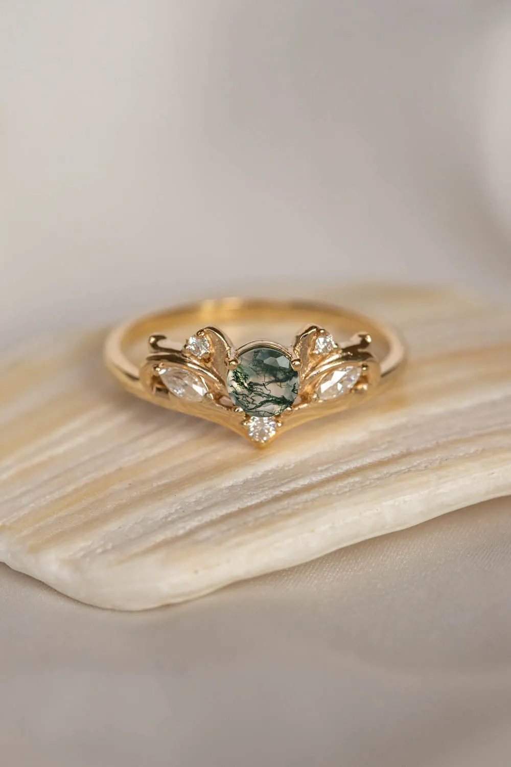 READY TO SHIP: Swanlake set in 14K yellow gold, natural round cut moss agate 5 mm, moissanites, RING SIZE 9 US