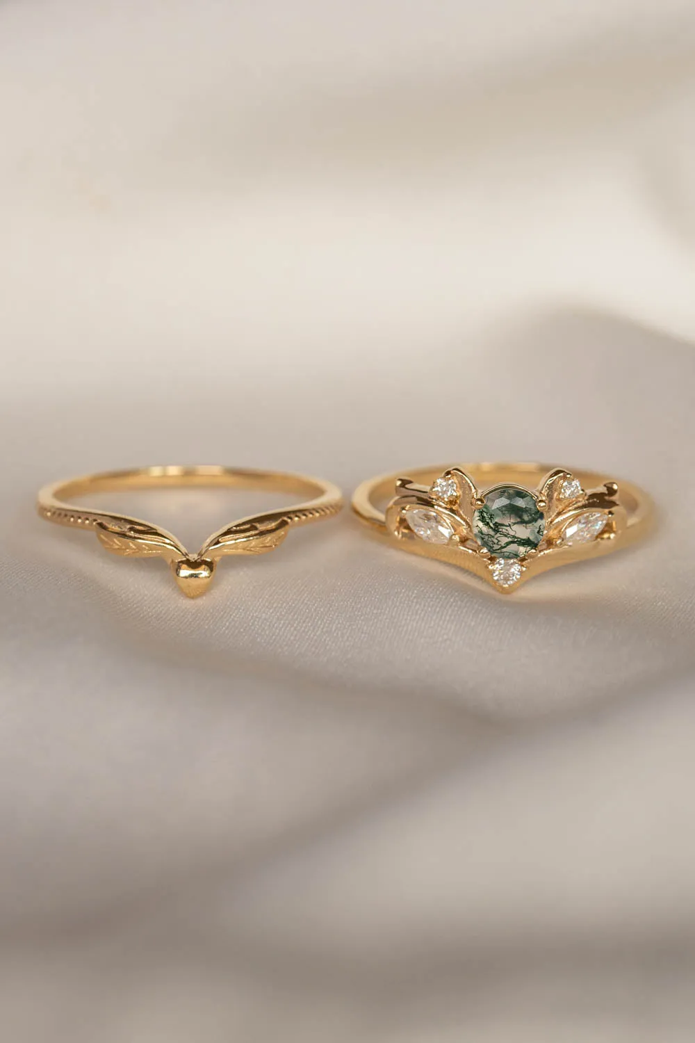 READY TO SHIP: Swanlake set in 14K yellow gold, natural round cut moss agate 5 mm, moissanites, RING SIZE 9 US