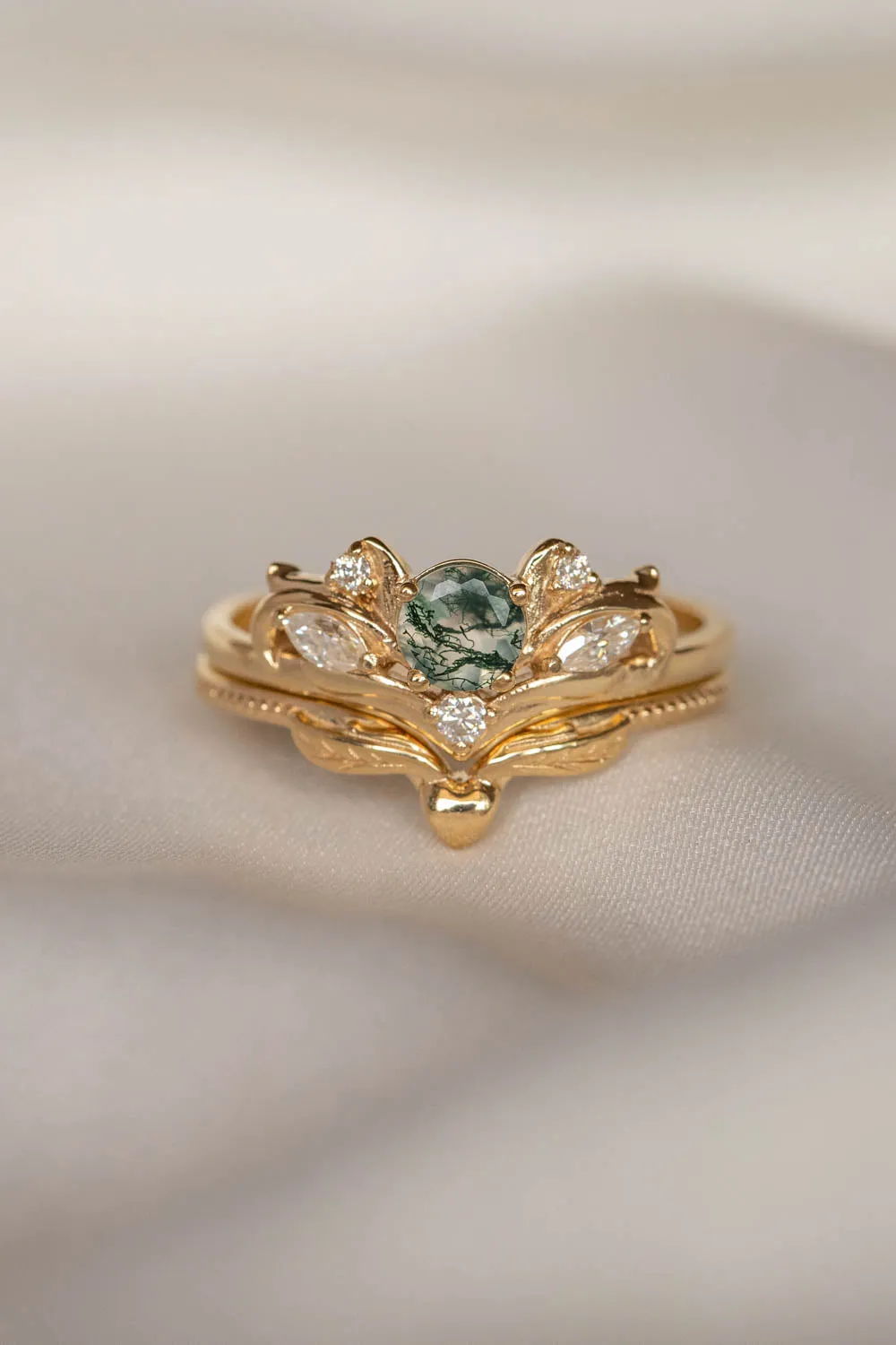 READY TO SHIP: Swanlake set in 14K yellow gold, natural round cut moss agate 5 mm, moissanites, RING SIZE 9 US