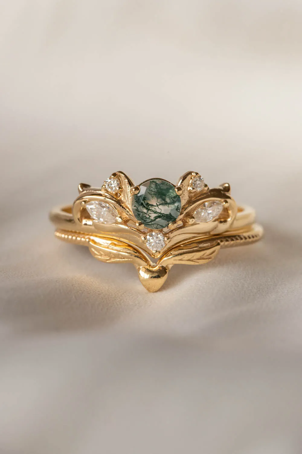 READY TO SHIP: Swanlake set in 14K yellow gold, natural round cut moss agate 5 mm, moissanites, RING SIZE 9 US