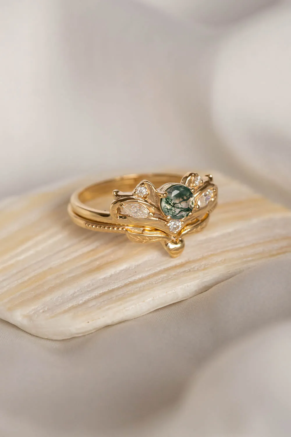 READY TO SHIP: Swanlake set in 14K yellow gold, natural round cut moss agate 5 mm, moissanites, RING SIZE 9 US