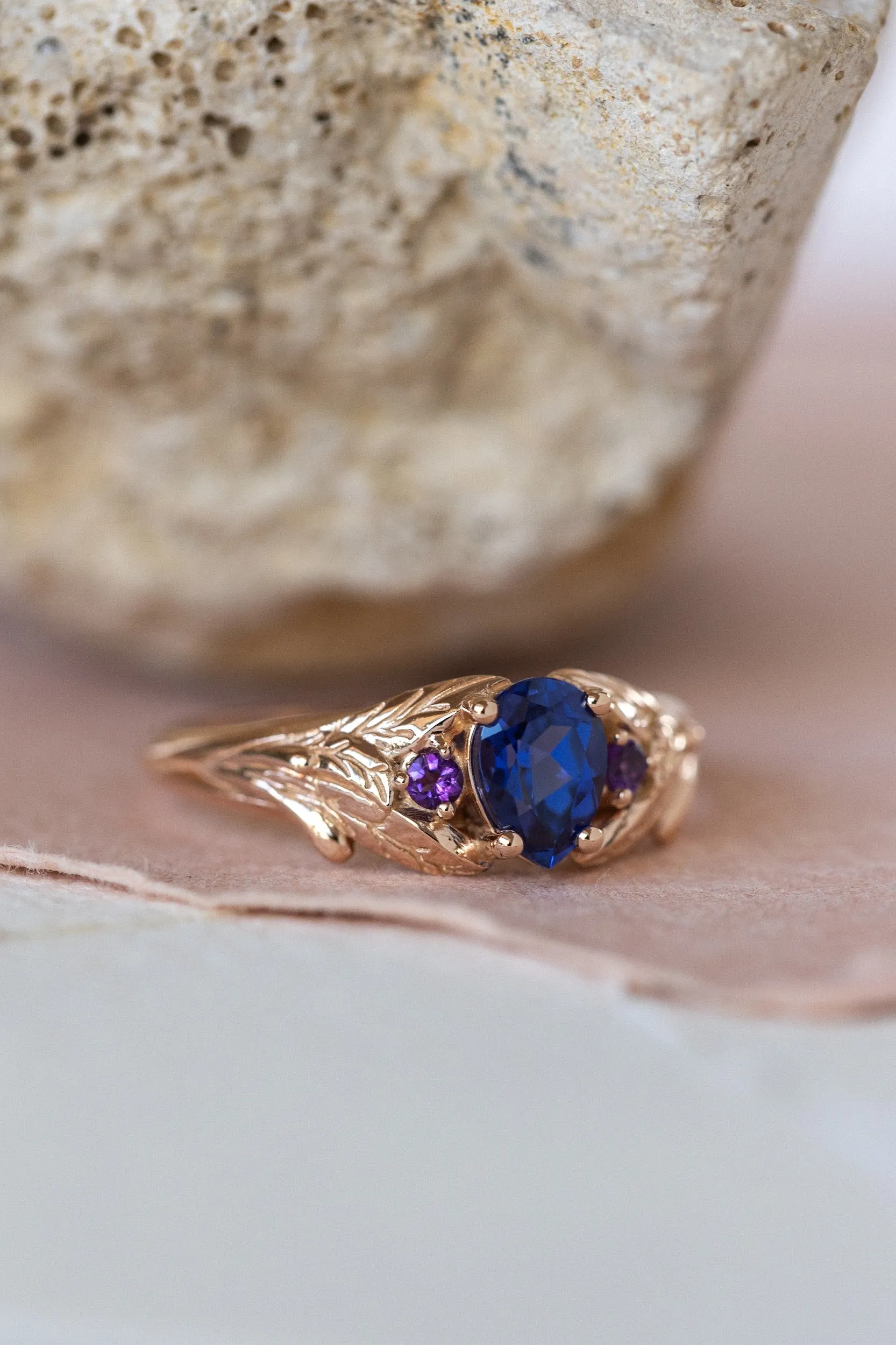 READY TO SHIP: Wisteria ring in 14K rose gold, lab sapphire pear cut 7x5 mm, accent natural amethysts, AVAILABLE RING SIZES: 7-9US