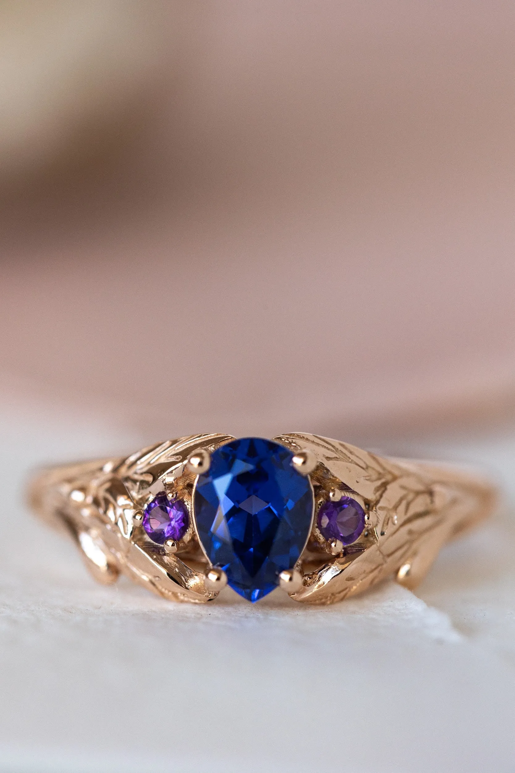 READY TO SHIP: Wisteria ring in 14K rose gold, lab sapphire pear cut 7x5 mm, accent natural amethysts, AVAILABLE RING SIZES: 7-9US