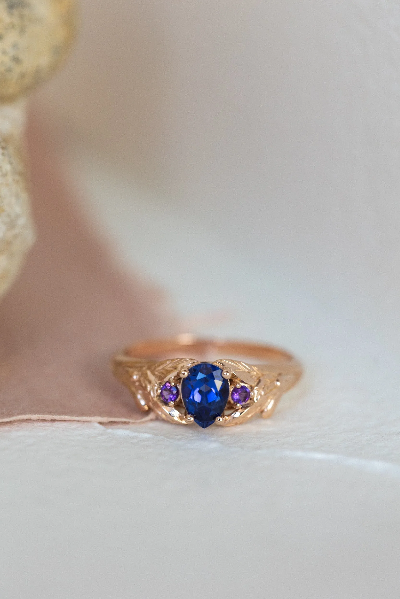 READY TO SHIP: Wisteria ring in 14K rose gold, lab sapphire pear cut 7x5 mm, accent natural amethysts, AVAILABLE RING SIZES: 7-9US