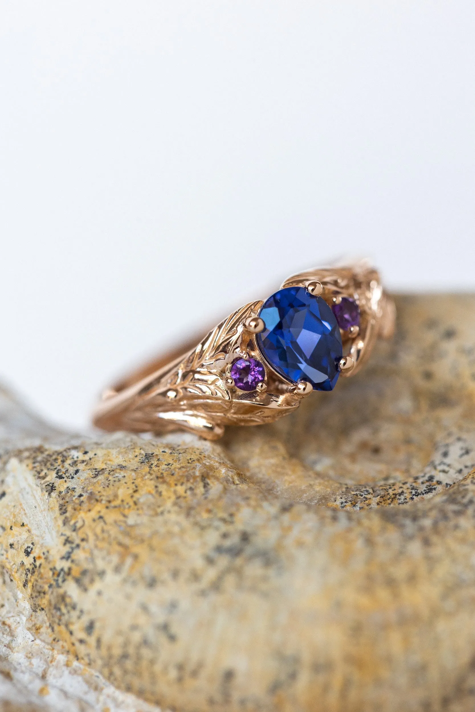 READY TO SHIP: Wisteria ring in 14K rose gold, lab sapphire pear cut 7x5 mm, accent natural amethysts, AVAILABLE RING SIZES: 7-9US