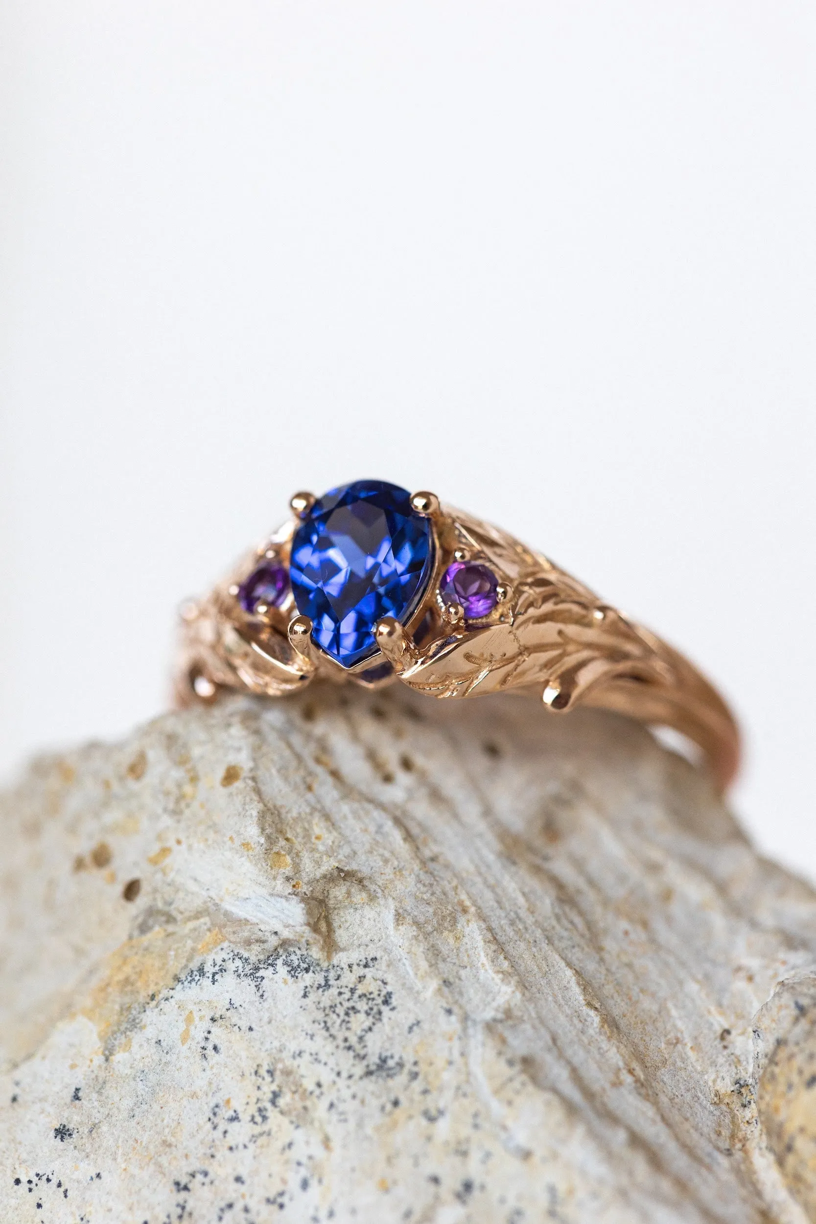 READY TO SHIP: Wisteria ring in 14K rose gold, lab sapphire pear cut 7x5 mm, accent natural amethysts, AVAILABLE RING SIZES: 7-9US