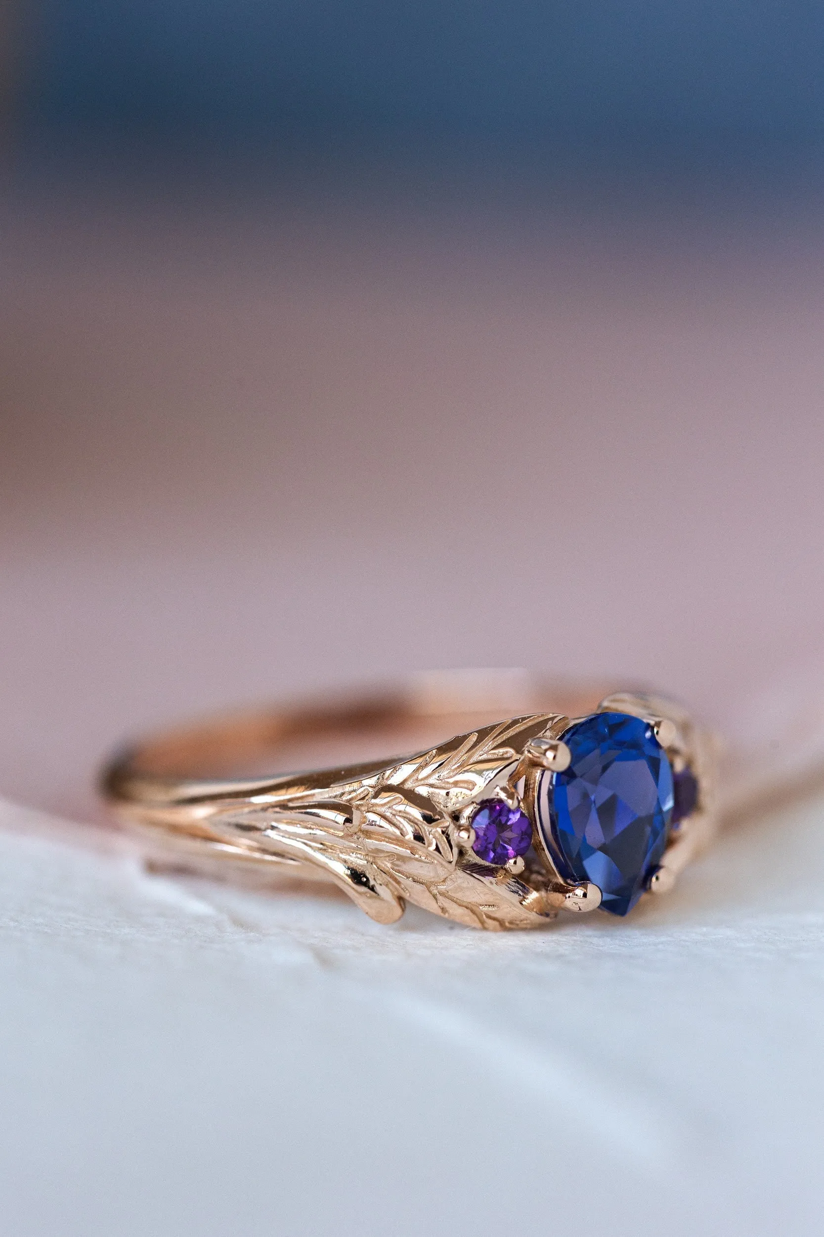 READY TO SHIP: Wisteria ring in 14K rose gold, lab sapphire pear cut 7x5 mm, accent natural amethysts, AVAILABLE RING SIZES: 7-9US