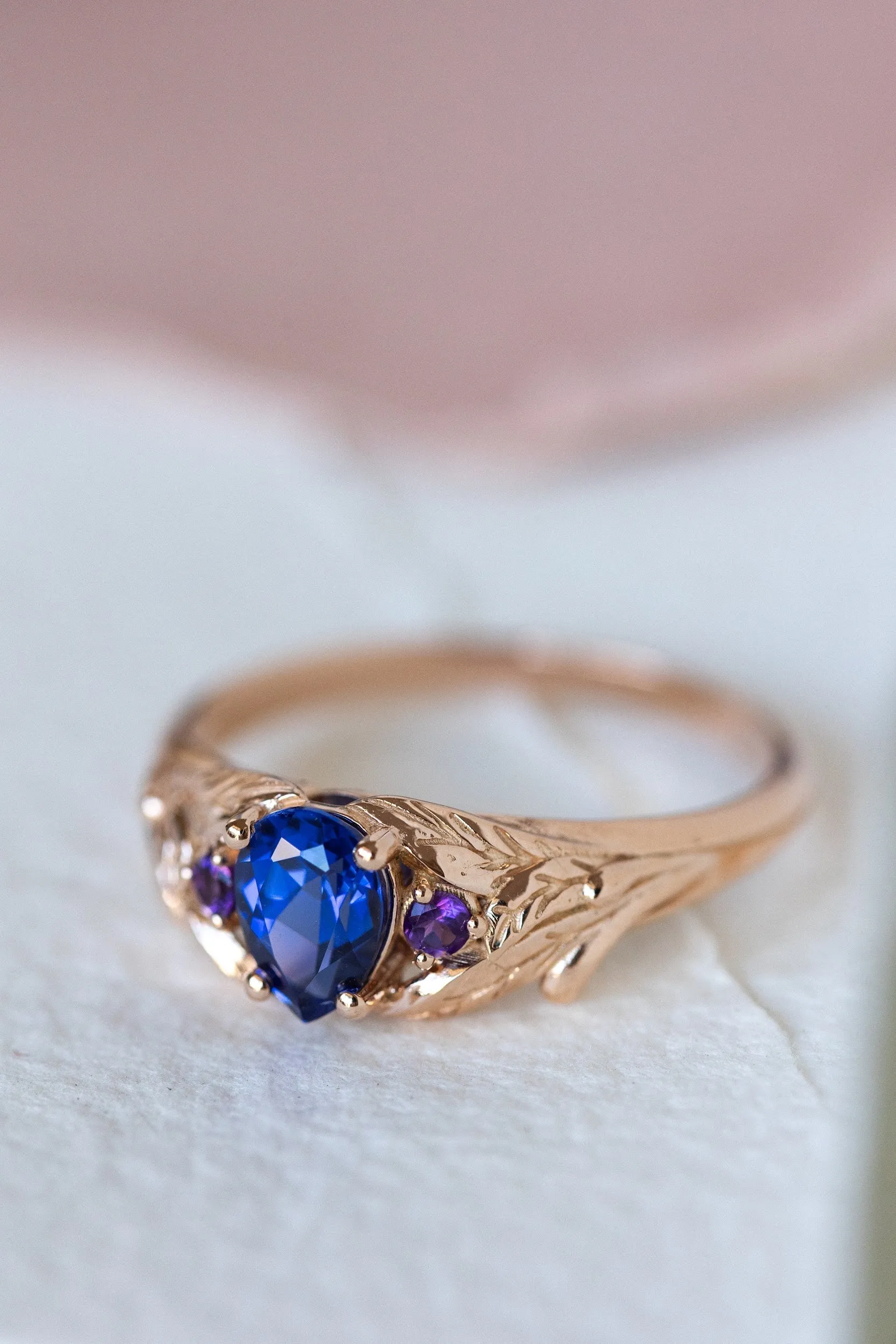 READY TO SHIP: Wisteria ring in 14K rose gold, lab sapphire pear cut 7x5 mm, accent natural amethysts, AVAILABLE RING SIZES: 7-9US