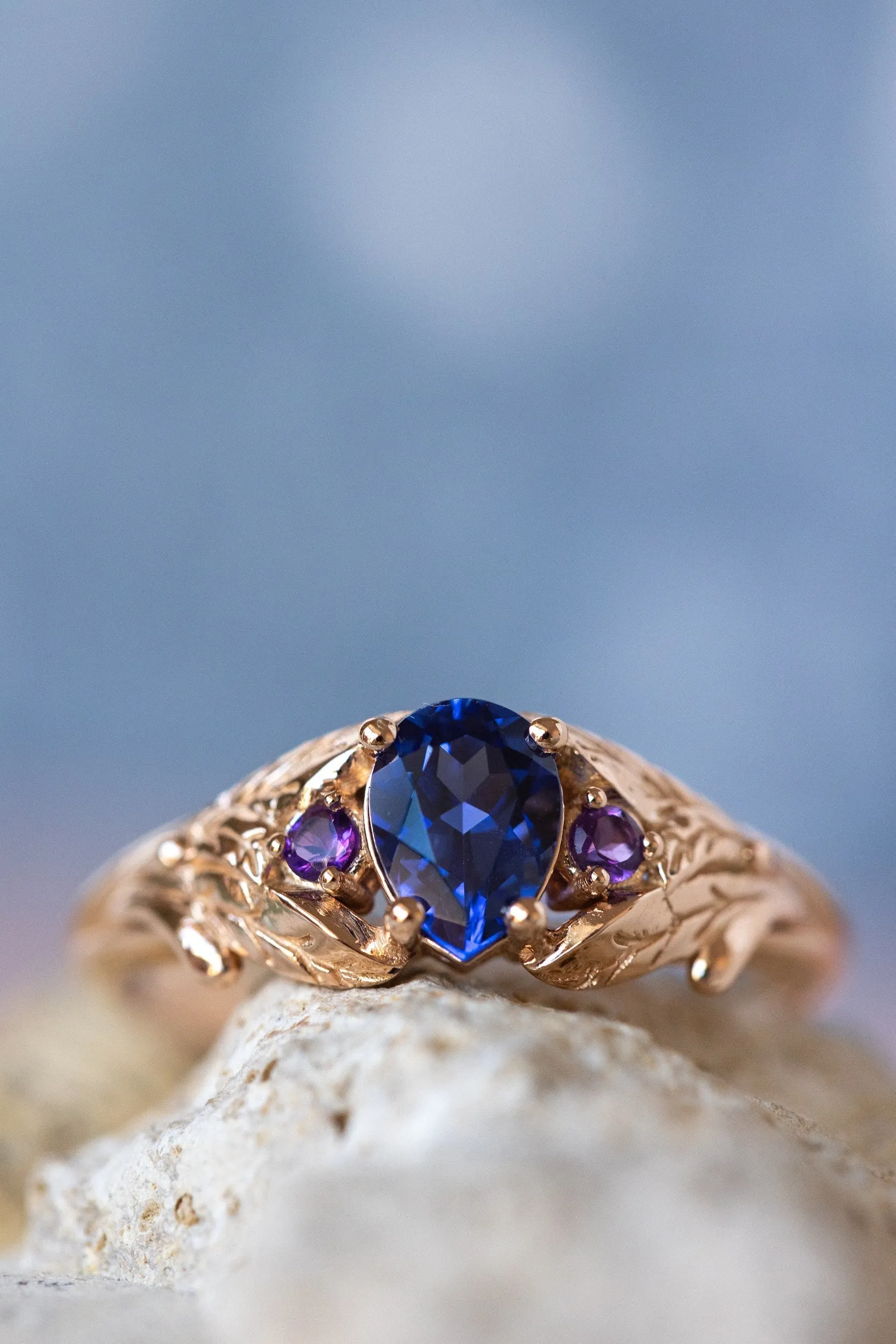 READY TO SHIP: Wisteria ring in 14K rose gold, lab sapphire pear cut 7x5 mm, accent natural amethysts, AVAILABLE RING SIZES: 7-9US