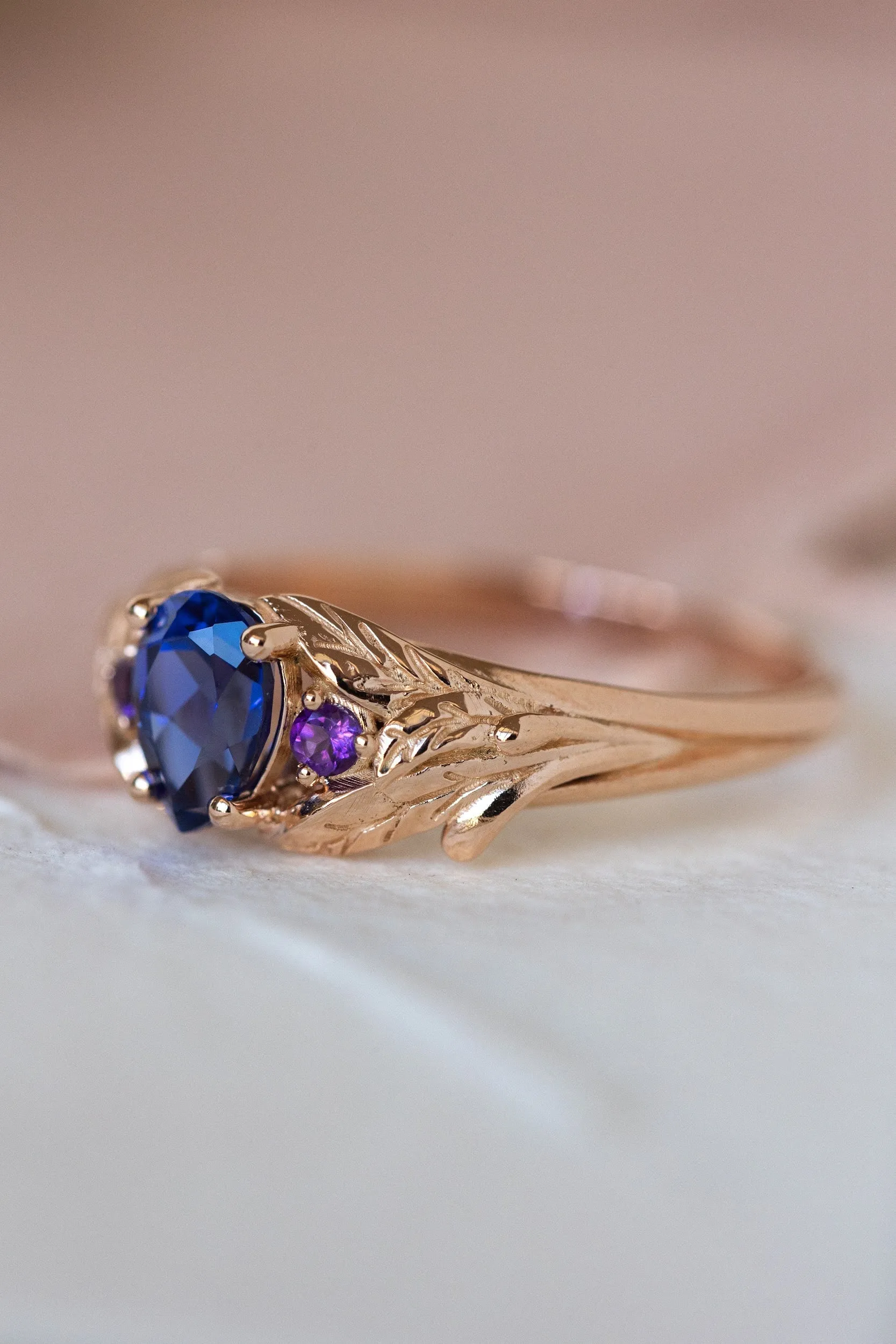 READY TO SHIP: Wisteria ring in 14K rose gold, lab sapphire pear cut 7x5 mm, accent natural amethysts, AVAILABLE RING SIZES: 7-9US