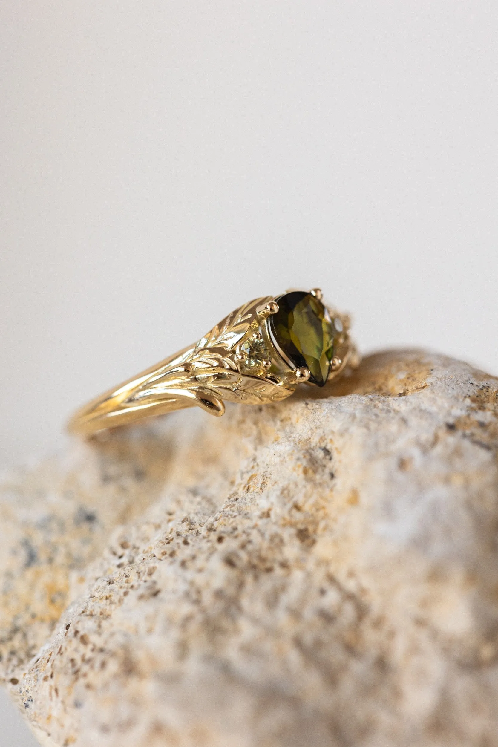 READY TO SHIP: Wisteria ring in 14K yellow gold, green tourmaline pear cut 7x5 mm, accent yellow sapphires, AVAILABLE RING SIZES: 7.5-9.5US