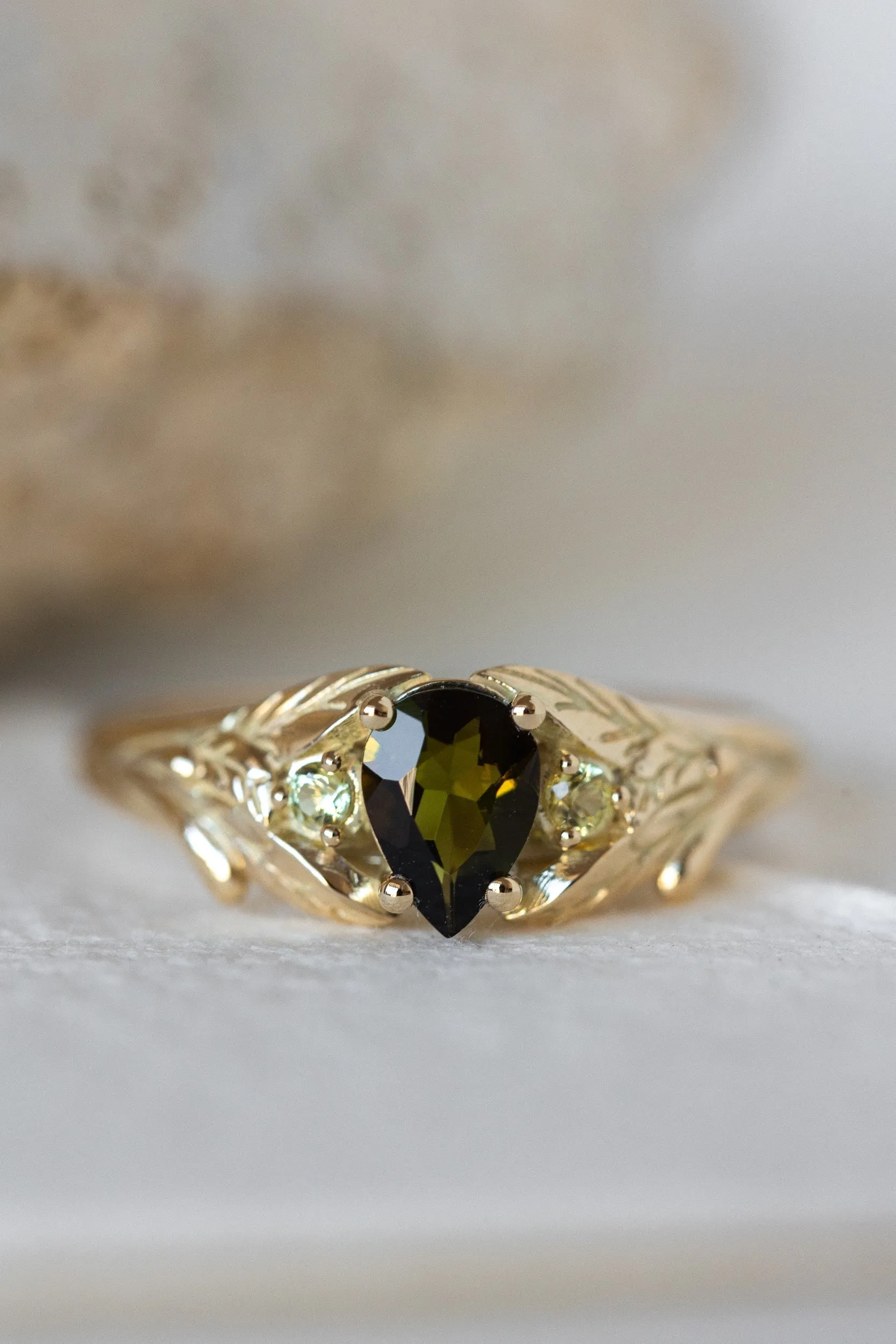 READY TO SHIP: Wisteria ring in 14K yellow gold, green tourmaline pear cut 7x5 mm, accent yellow sapphires, AVAILABLE RING SIZES: 7.5-9.5US