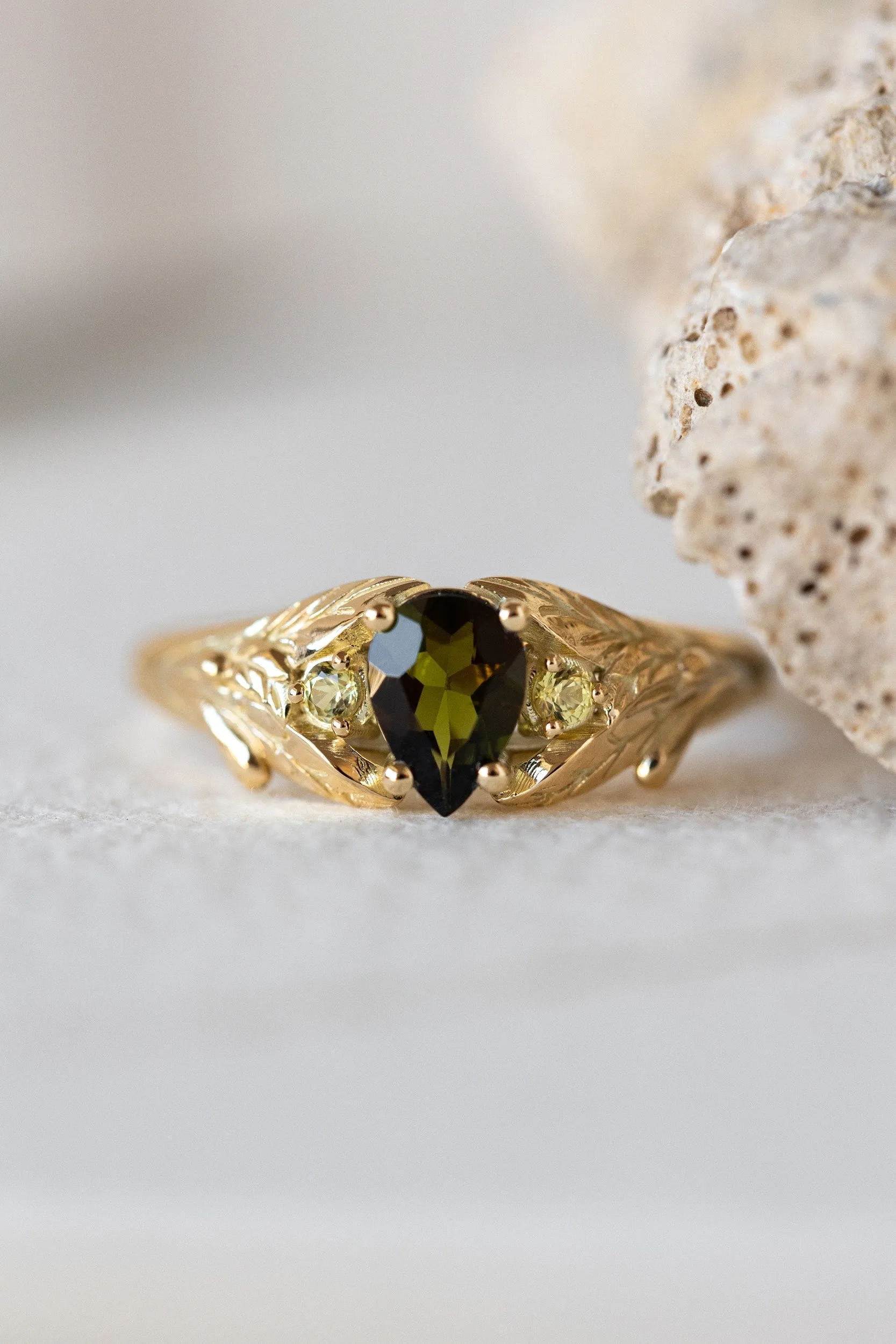 READY TO SHIP: Wisteria ring in 14K yellow gold, green tourmaline pear cut 7x5 mm, accent yellow sapphires, AVAILABLE RING SIZES: 7.5-9.5US