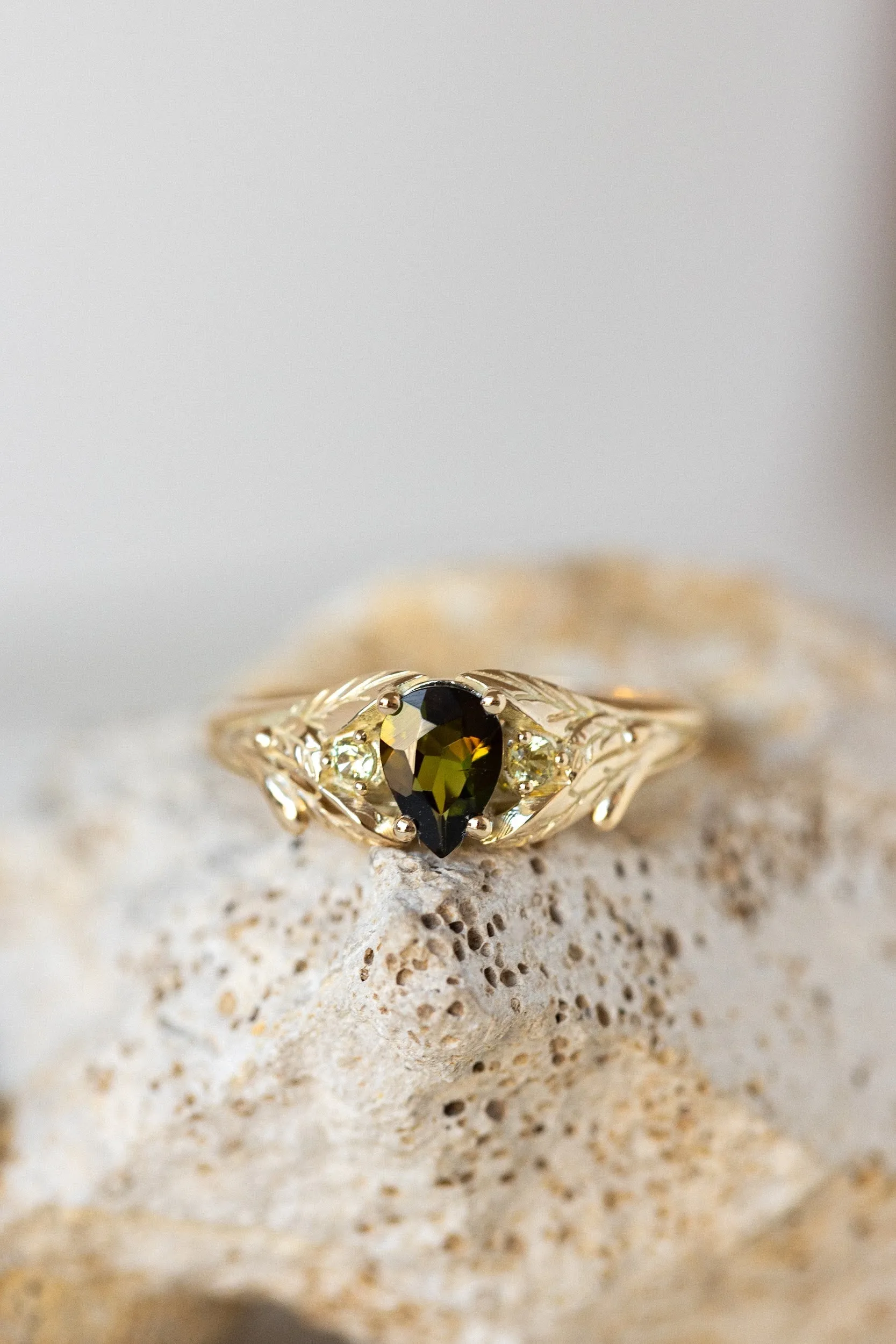 READY TO SHIP: Wisteria ring in 14K yellow gold, green tourmaline pear cut 7x5 mm, accent yellow sapphires, AVAILABLE RING SIZES: 7.5-9.5US