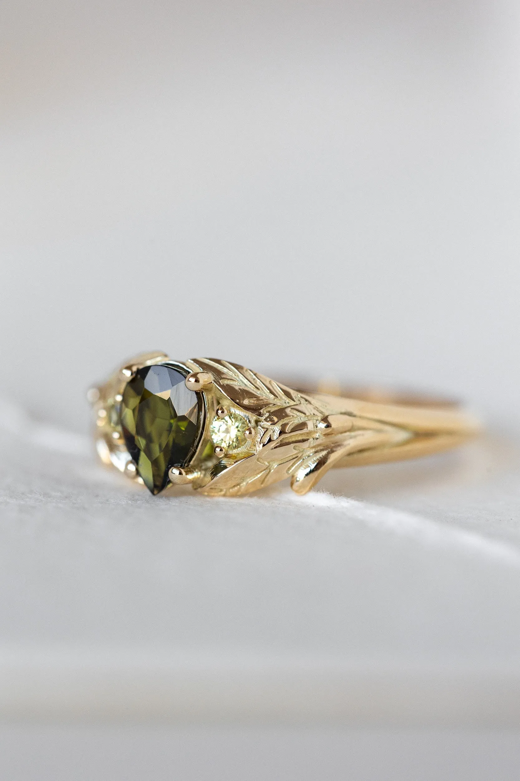 READY TO SHIP: Wisteria ring in 14K yellow gold, green tourmaline pear cut 7x5 mm, accent yellow sapphires, AVAILABLE RING SIZES: 7.5-9.5US