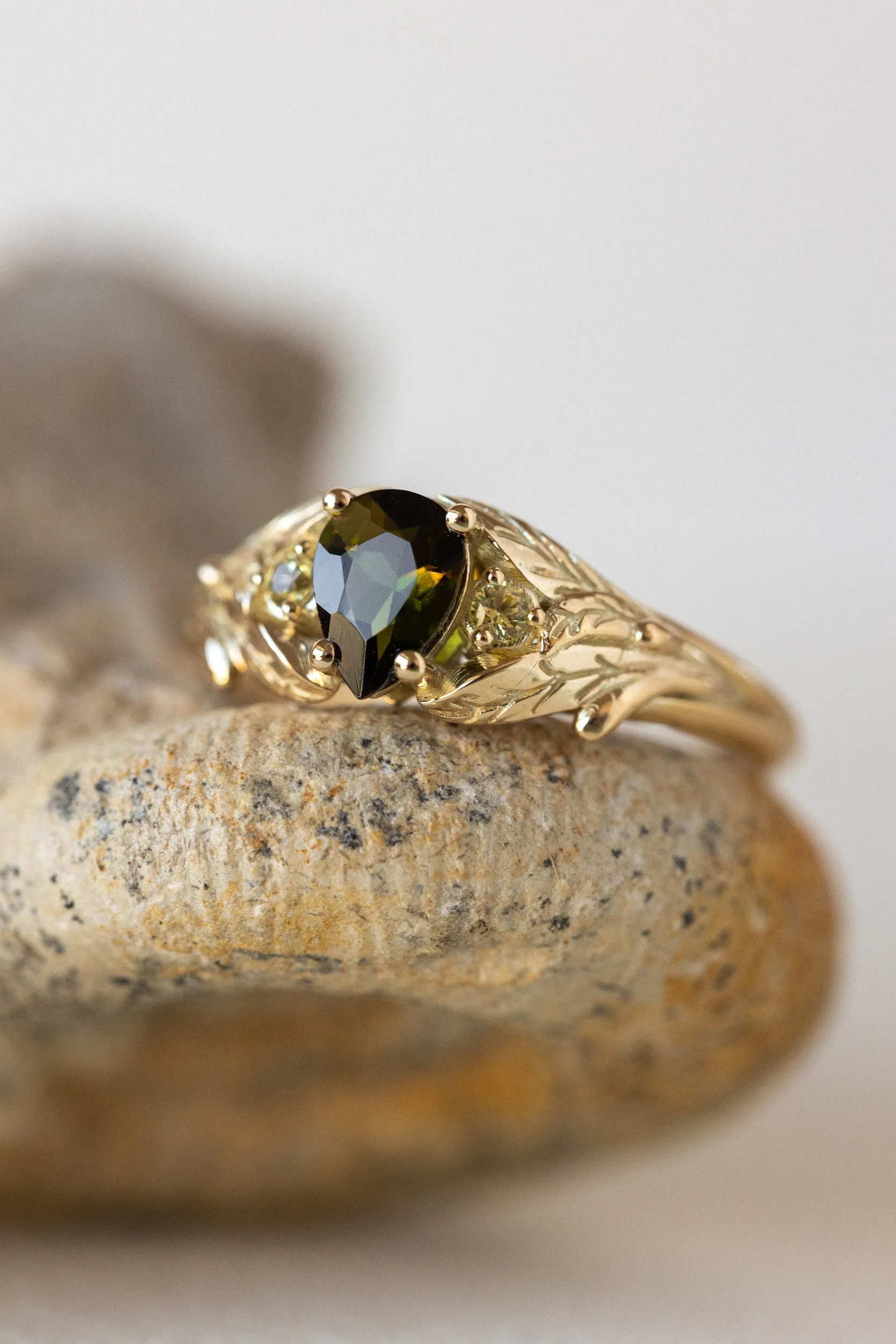 READY TO SHIP: Wisteria ring in 14K yellow gold, green tourmaline pear cut 7x5 mm, accent yellow sapphires, AVAILABLE RING SIZES: 7.5-9.5US