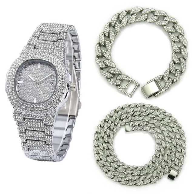 Rhinestone and Cubic Zirconia Studded Cuban Chain Link Necklace, Bracelet, and Watch Jewelry Set