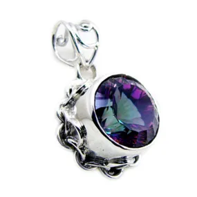 Riyo Beddable Gemstone Round Faceted Multi Color Mystic Quartz Sterling Silver Pendant Gift For Friend